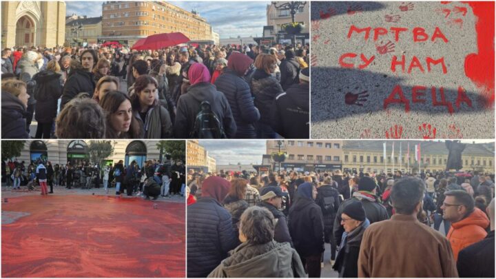 Održan protest u Novom Sadu – crvena farba na Trgu slobode, ignorisan SNS „zid“